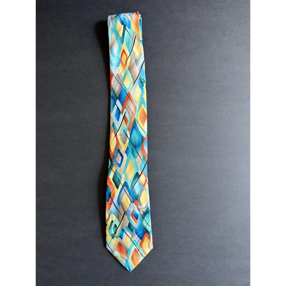 J Garcia Carousel Silk‎ Tie Mens Blue Orange Geometric Abstract Art 62 Inch Long